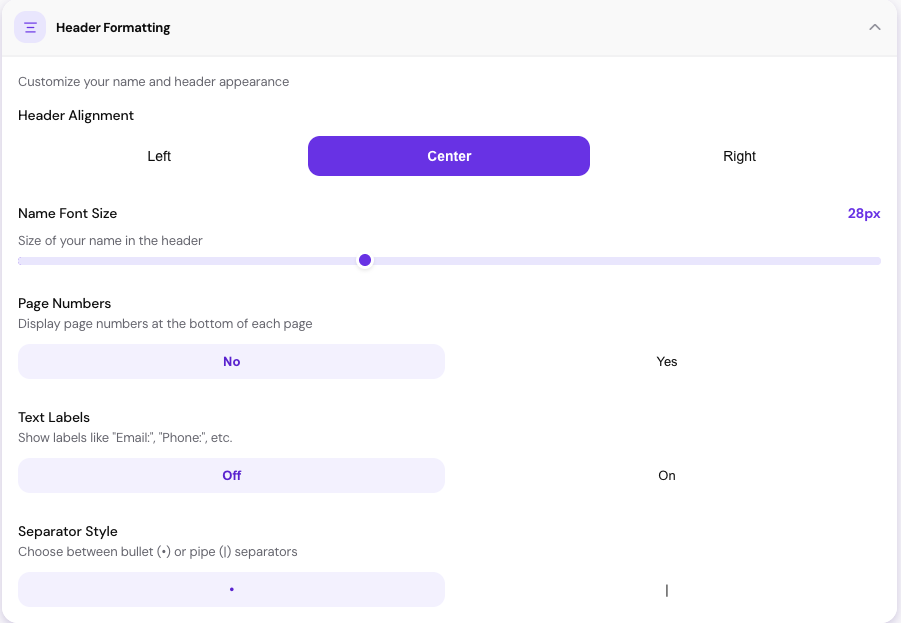 Resume customization options